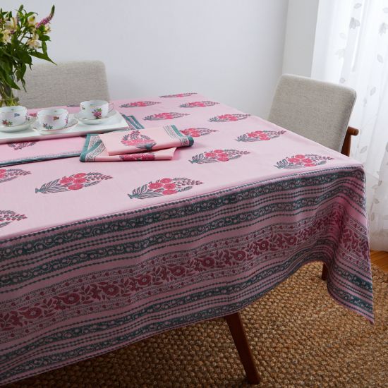 Roza Silk-Cotton Tablecloth - Pink/Teal